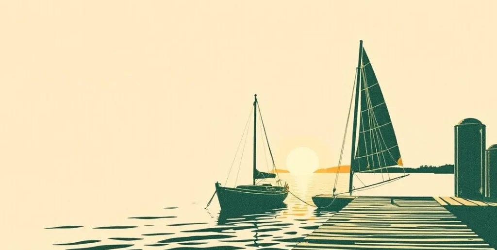 Illustration of a sailboat leaving a wooden dock at dawn