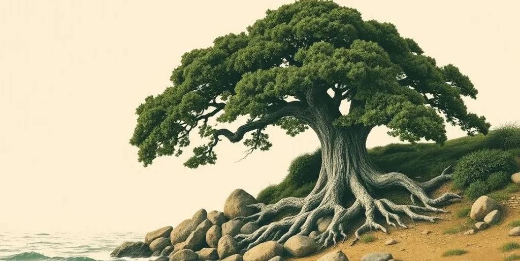 Illustration of a massive oak tree gripping rocks on a windswept cliff