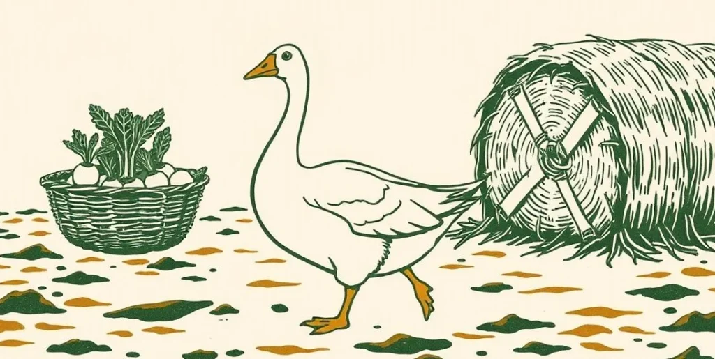 Illustration of a goose waddling past a basket of turnips in a farmyard