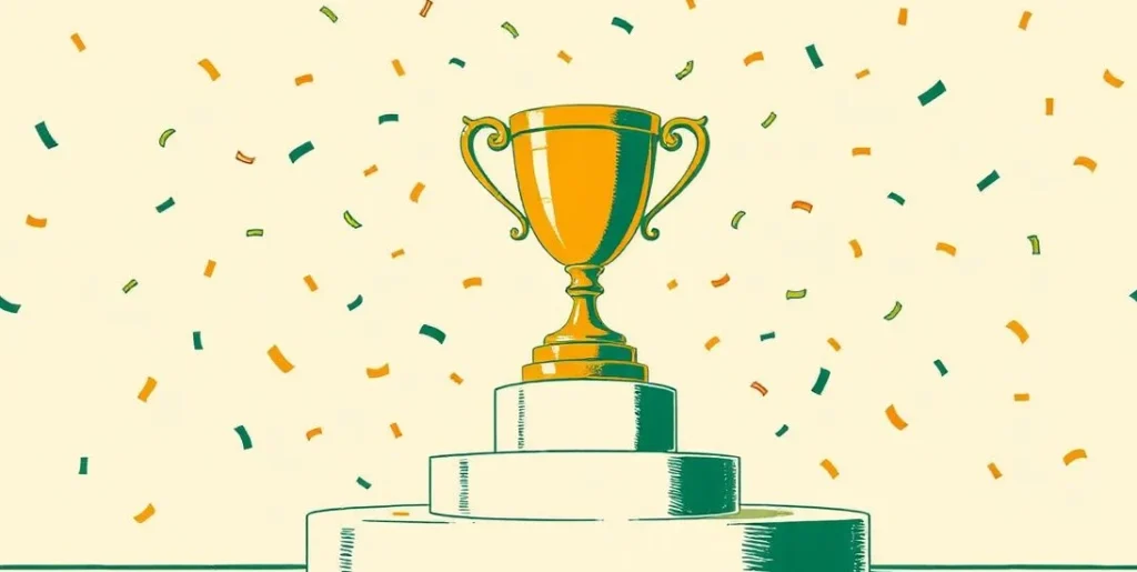 Illustration of a golden trophy on a winners' podium with falling confetti