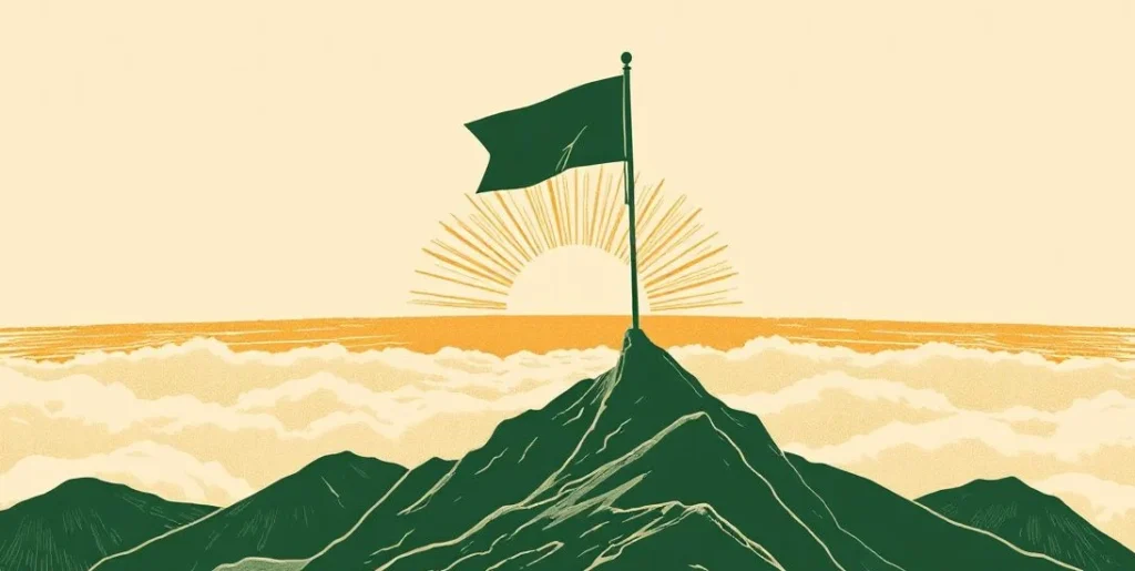 Illustration of a flag planted on a summit above a sea of clouds