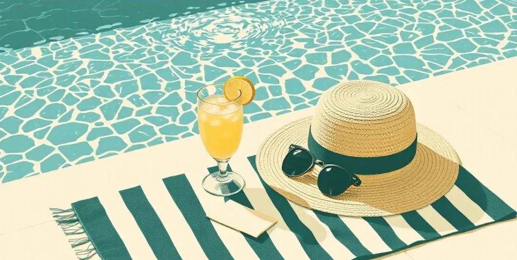 Illustration of a sunhat, sunglasses and lemonade beside a swimming pool