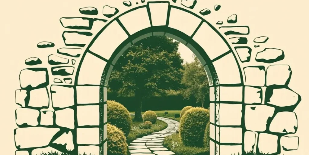 Illustration of a stone archway with a keystone over a garden path