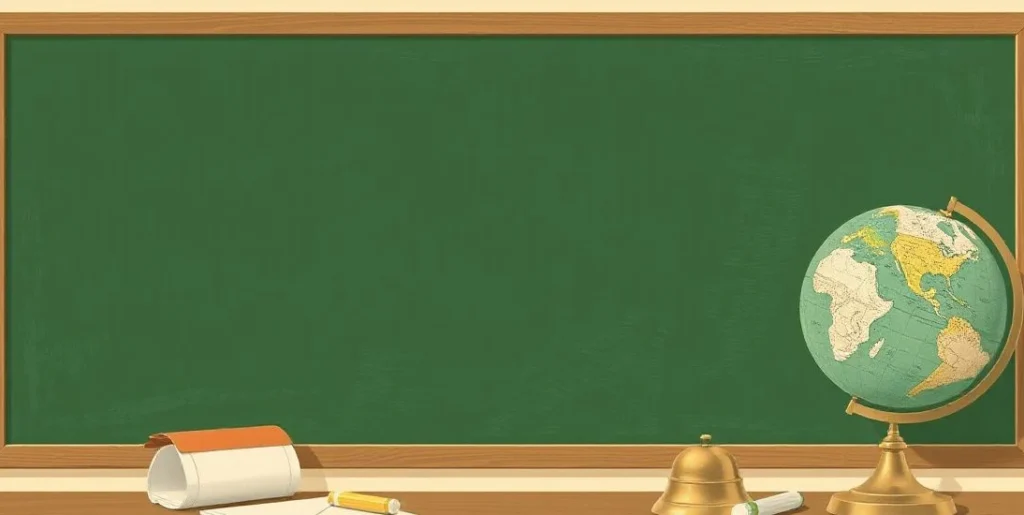 Illustration of a blank chalkboard, a school bell and a globe on a desk