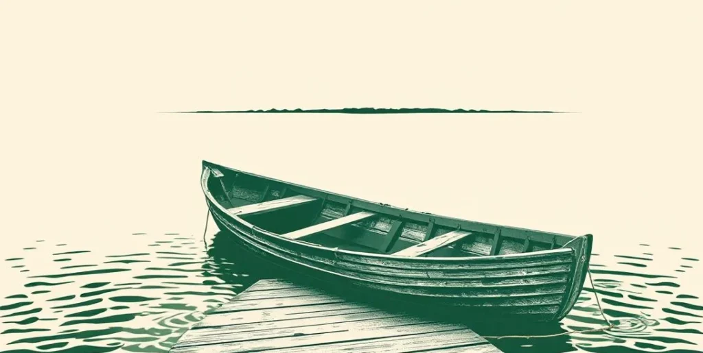 Illustration of an empty rowing boat moored at a jetty on a calm river at dawn
