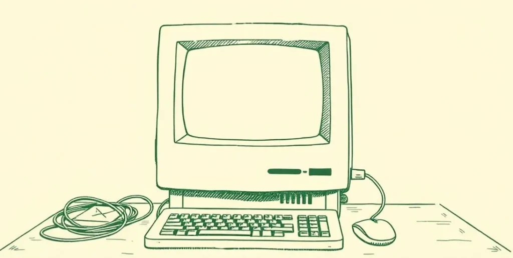 Illustration of a vintage computer with a blank screen, keyboard and mouse