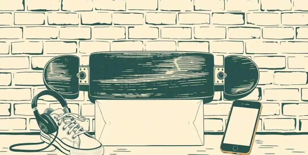 Illustration of a skateboard against a brick wall beside headphones, sneakers and a phone