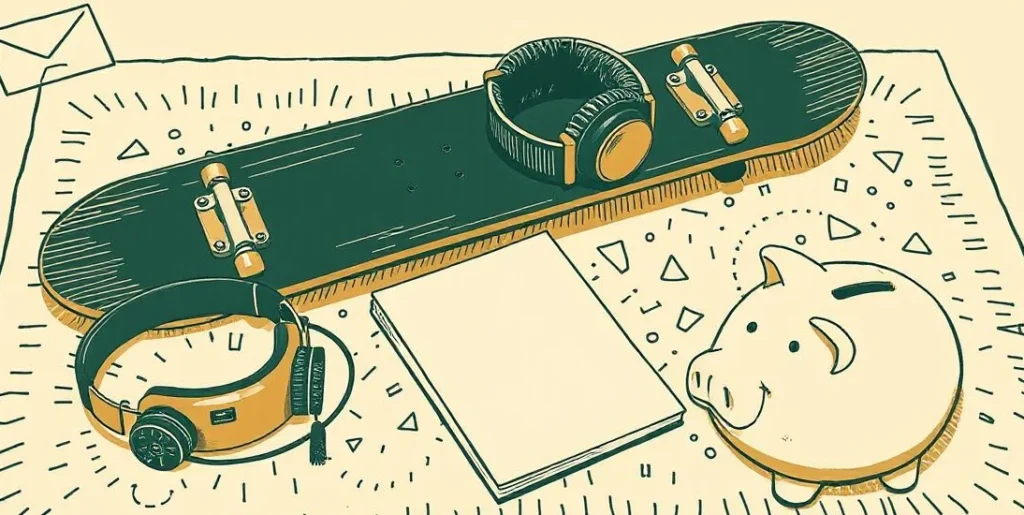 Illustration of a skateboard, headphones, pizza slice and piggy bank on a rug