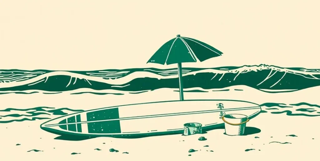 Illustration of a surfboard, beach umbrella and sandcastle on the sand