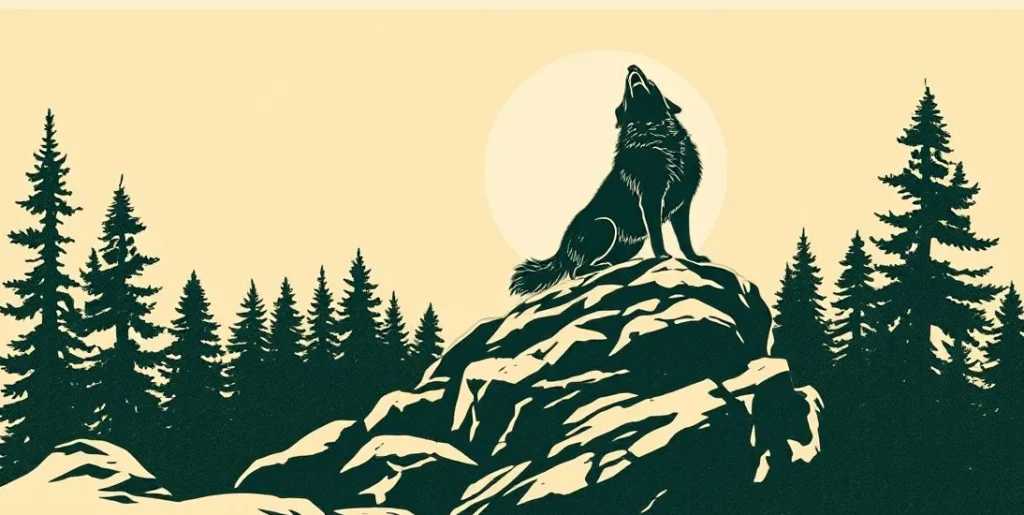 Illustration of a wolf howling on a ridge under a full moon