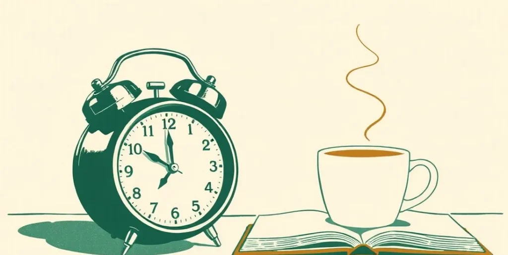 Illustration of a ringing alarm clock beside a steaming cup of coffee