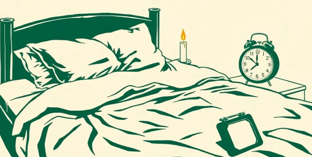 Illustration of an unmade bed, a burned-down candle and a plain alarm clock