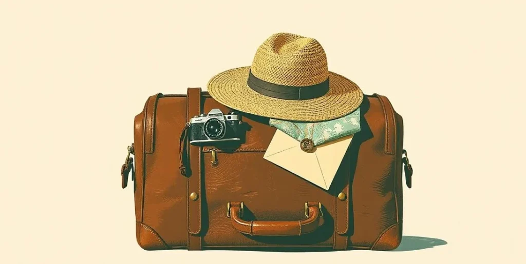 Illustration of a leather suitcase topped with a straw hat, camera and map