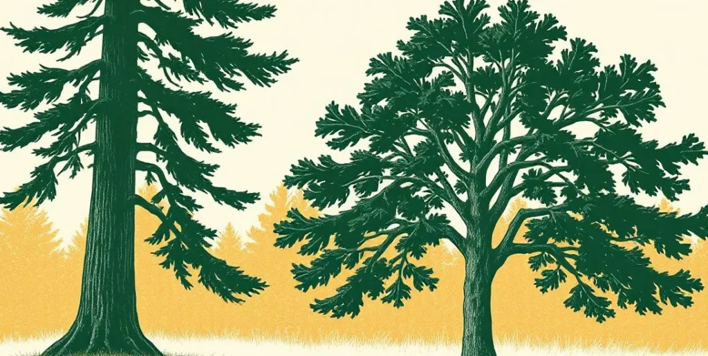 Illustration of pine, maple and birch trees in a sunlit forest clearing