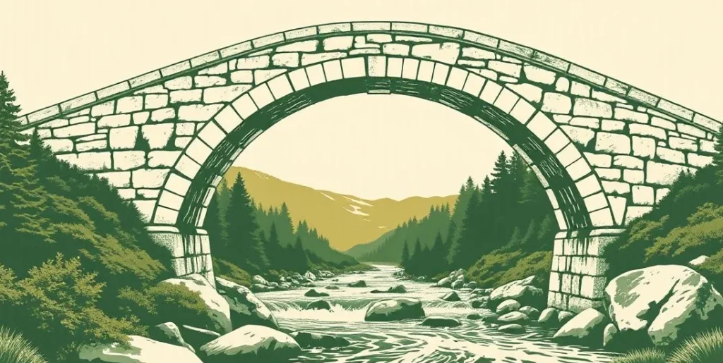 Illustration of a sturdy stone bridge arching over a rushing river