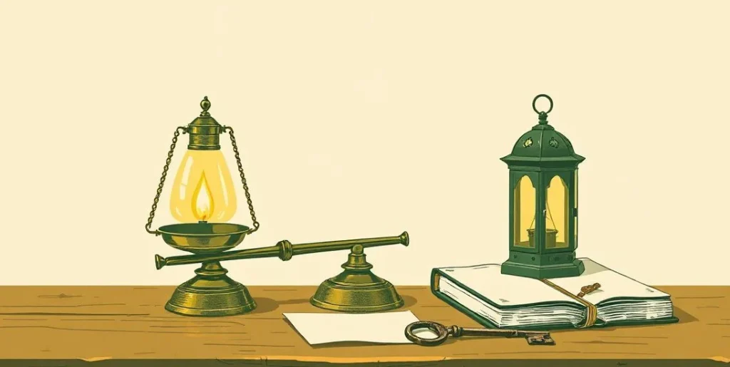 Illustration of a balanced brass scale beside a lantern and an iron key