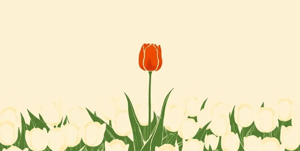Illustration of a single red tulip standing out among white tulips