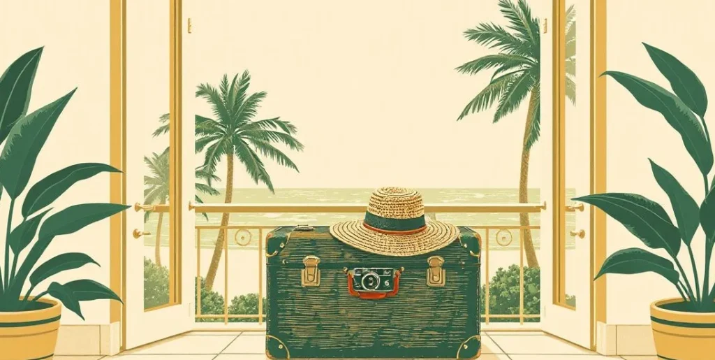 Illustration of a vintage suitcase, straw hat and camera on a seaside balcony