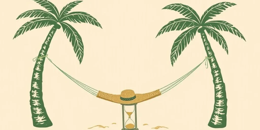 Illustration of an empty hammock between palm trees with an hourglass in the sand