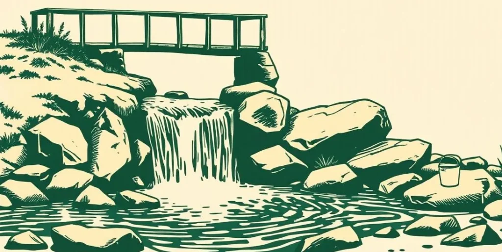 Illustration of a stream tumbling over rocks beneath a bridge, with a bucket
