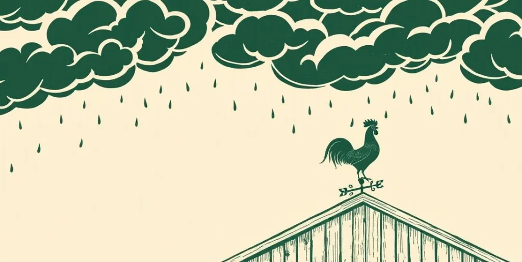 Illustration of a weather vane on a barn roof under gathering rain clouds