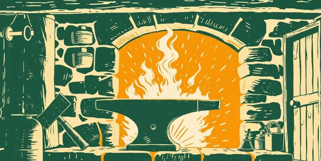 Illustration of a blacksmith's forge with an anvil, a hammer and flying sparks