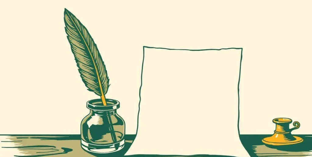 Illustration of a quill pen in an inkwell beside blank parchment and a brass candle holder