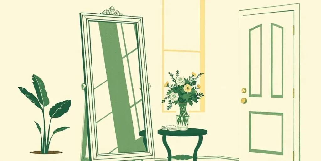 Illustration of a standing mirror reflecting a vase of flowers in a sunny room