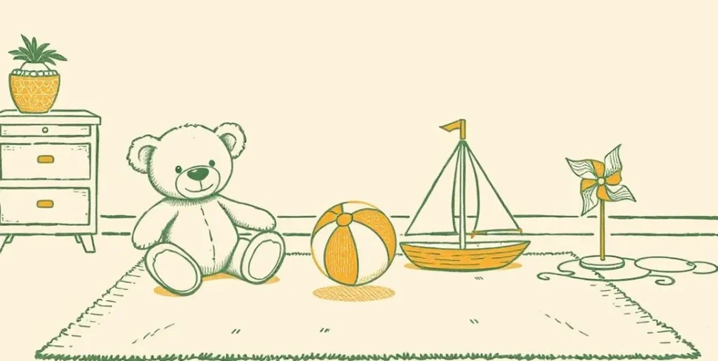 Illustration of a teddy bear, ball, toy sailboat and pinwheel on a rug
