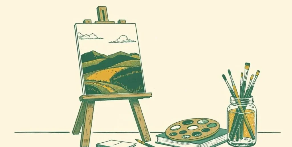 Illustration of an easel with a landscape painting beside a paint palette and brushes