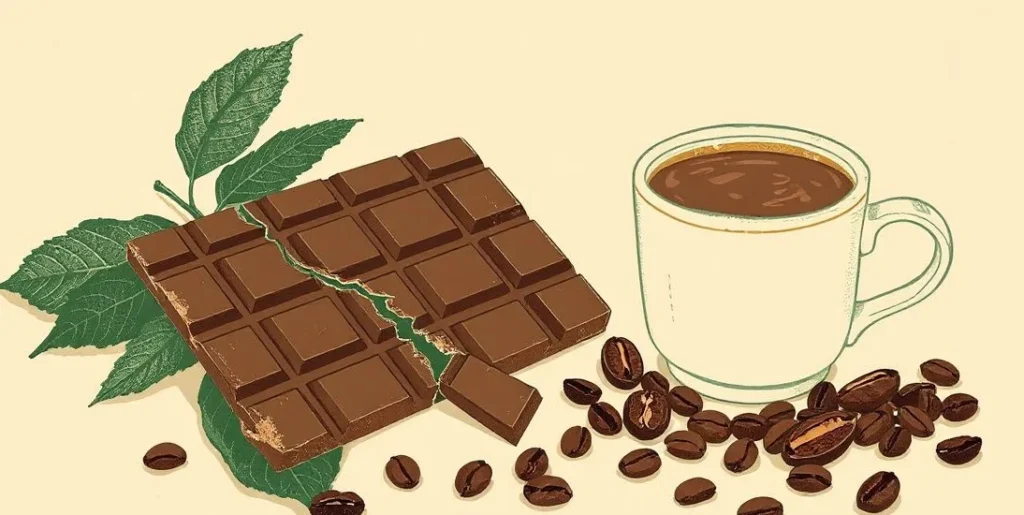 Illustration of a chocolate bar, cocoa pods and a mug of hot chocolate