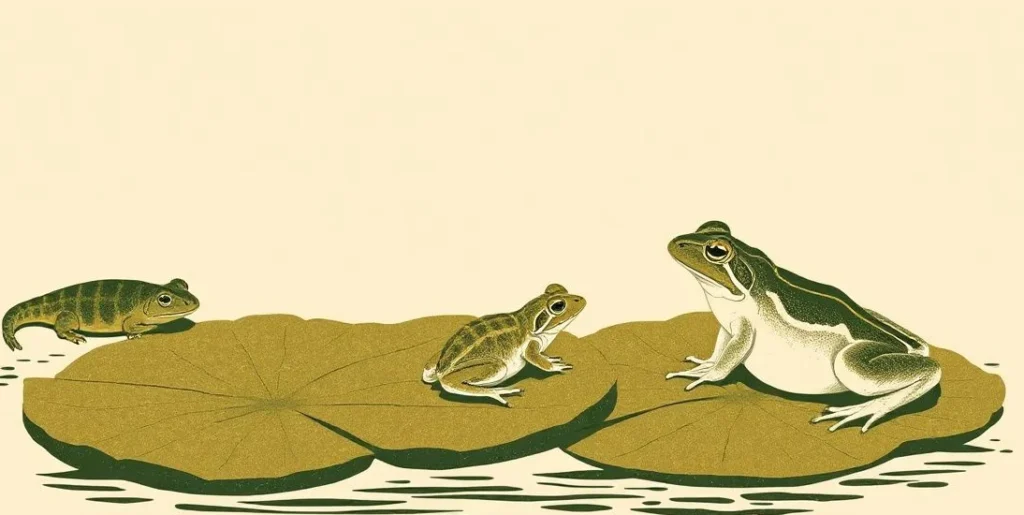 Illustration of a tadpole, a froglet and a frog on lily pads in a pond