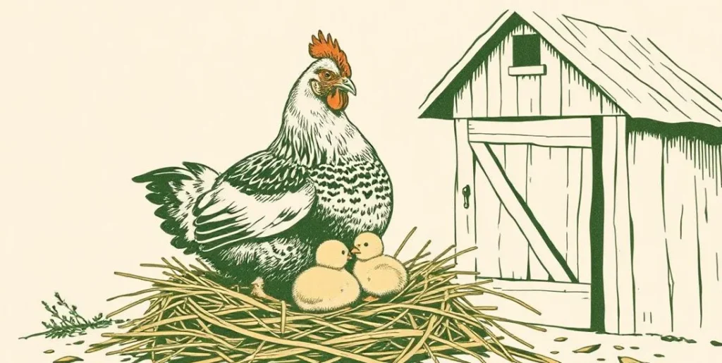 Illustration of a mother hen sheltering her chicks in a straw nest