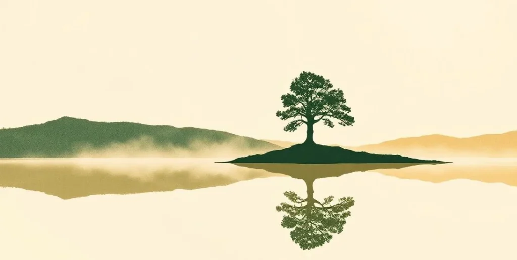 Illustration of a lone hilltop tree reflected in a still lake at dawn
