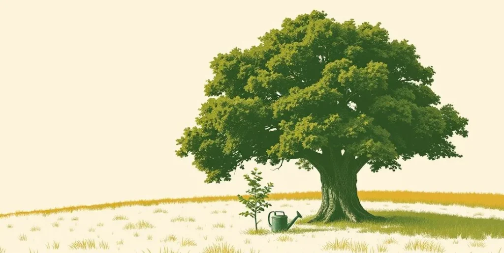 Illustration of a large tree sheltering a small sapling in a sunny meadow