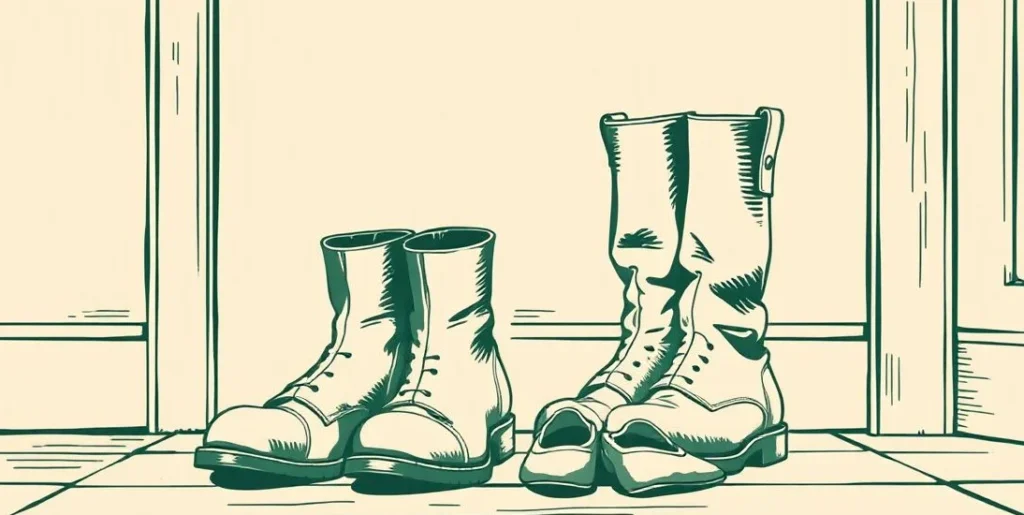 Illustration of a pair of oversized boots beside a small pair of shoes by a door