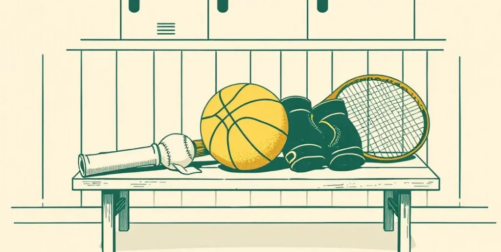 Illustration of a baseball bat, basketball, boxing gloves and tennis racket