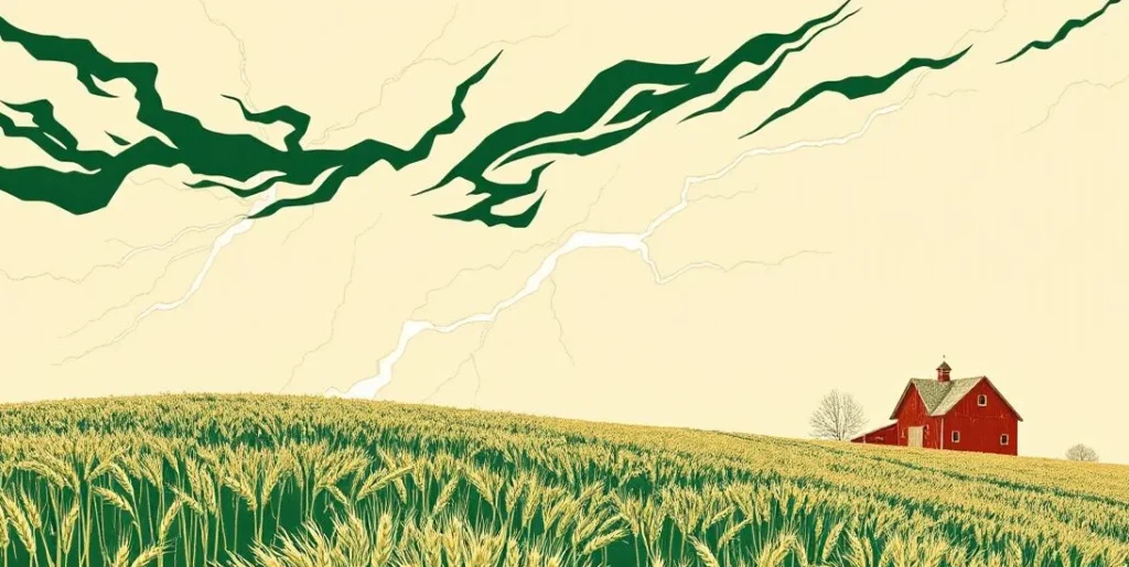 Illustration of a lightning storm sweeping over a wind-bent wheat field and barn