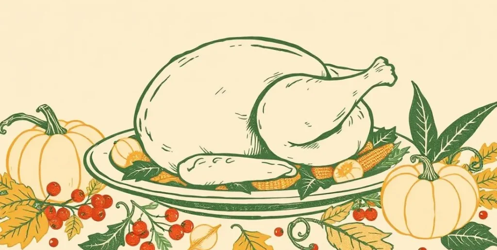 Illustration of a roast turkey surrounded by pumpkins, corn and cranberries