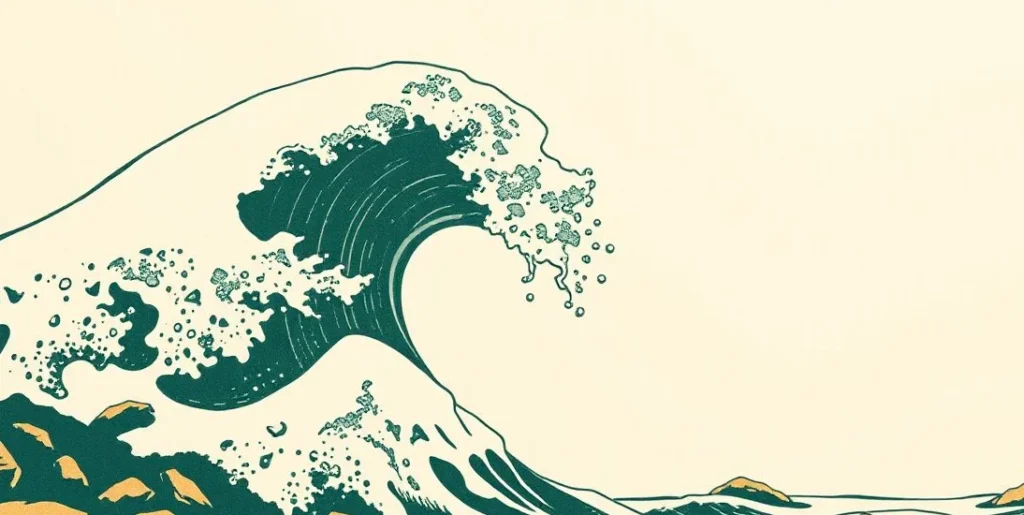 Illustration of a great curling wave cresting over a rocky shore