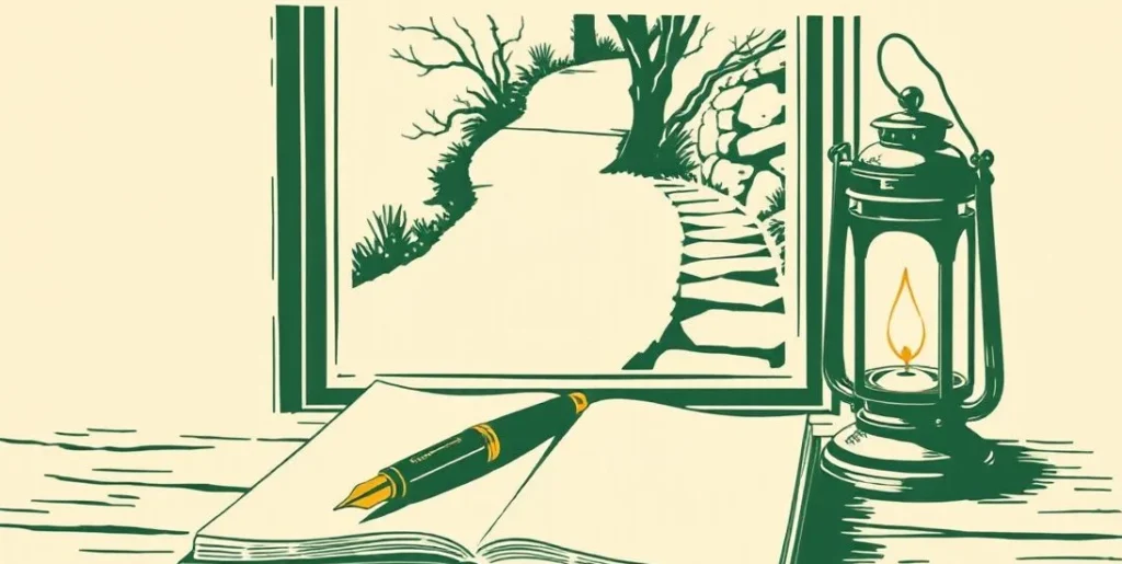 Illustration of a fountain pen on a blank notebook beside a lantern