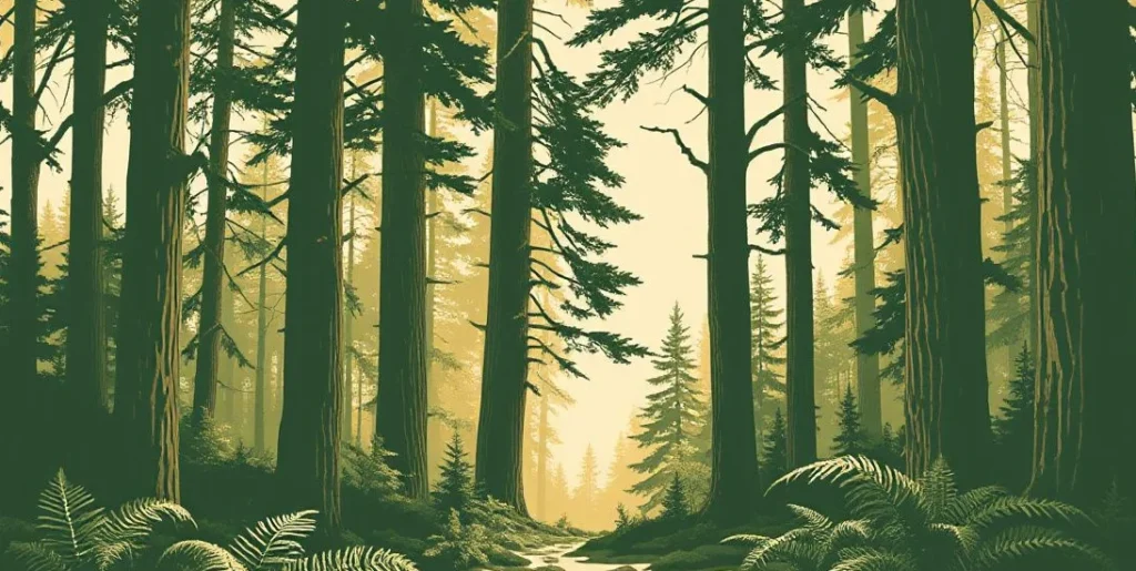 Illustration of a dense forest with ferns and sunbeams slanting through the canopy