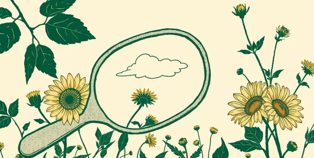Illustration of a hand mirror among wildflowers reflecting a sunflower and a storm cloud