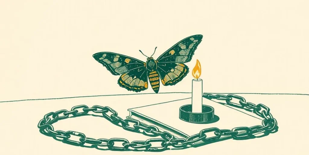Illustration of a moth circling a candle flame beside a coiled chain