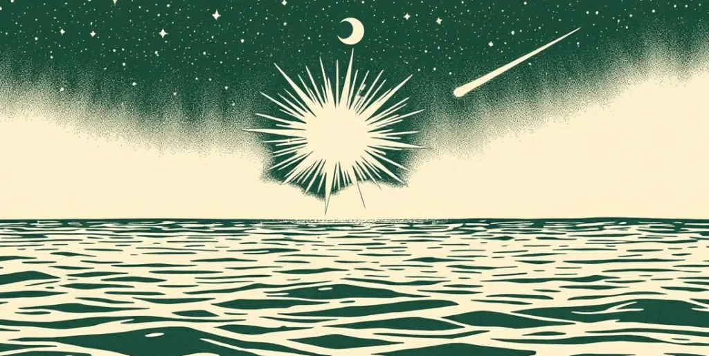 Illustration of a supernova bursting over a calm ocean as a comet streaks past