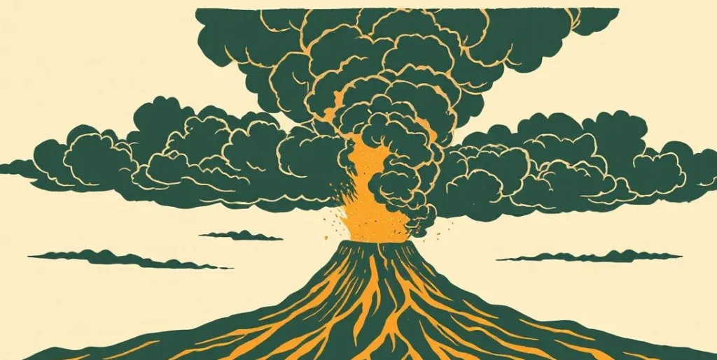 Illustration of an erupting volcano spewing lava and thick clouds of ash