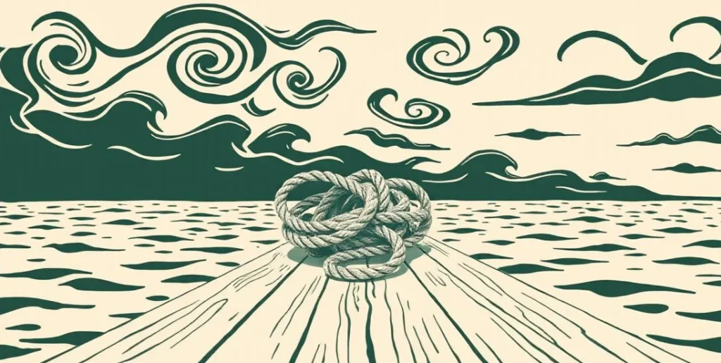 Illustration of a tangled rope on a dock beneath swirling storm clouds