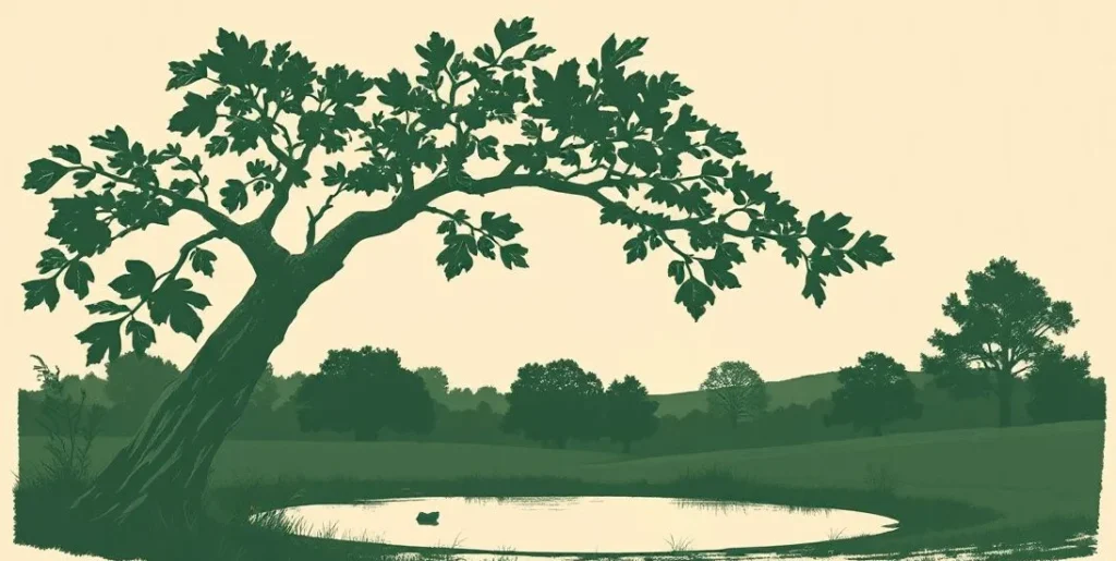 Illustration of an oak branch dropping golden leaves over a still pond