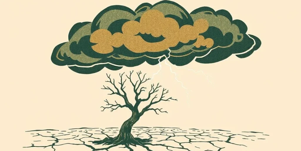 Illustration of a storm cloud with lightning over a withered tree and cracked earth