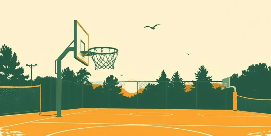 Illustration of a basketball swishing through a hoop on an outdoor court at sunset